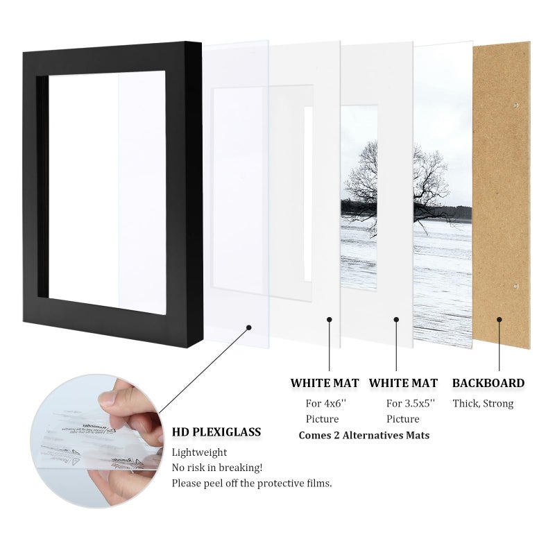 Egofine 5x7 Picture Frames Set of 4, Made of Solid Wood Covered by Plexiglass 3.5x5 and 4x6 with Mat or 5x7 without Mat, for Table Top Display and Wall Mounting Photo Frame Black - Image 4